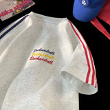 BONSIR  -  New Embroidery T-shirt Rainbow Coloured Letters T-shirt Fashion Striped Collision Summer Short-sleeved Tops Street Couple Tee