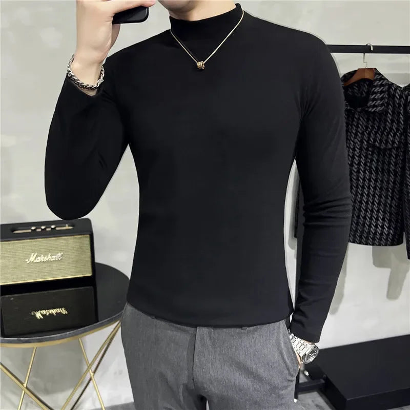 Bonsir Autumn Winter Half High Neck Velvet T-Shirt Korean Men's Slim Fit Solid Color Casual Long Sleeve Bottoming Tee Men Clothing 4XL