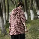 BONSIR  -  Men's Plaid Shirt Hooded Half Sleeved Fashionable Top Japanese Casual Single Breasted Short Sleeved Male Coat