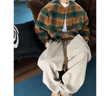 BONSIR  -  Beige woolen pants loose bf lazy style American retro thickened sweatpants men's loose straight wide-leg pants