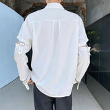 Bonsir Mens Y2k Spliced Casual Long-Sleeved Shirt 2024 New Genderless Functional Personality Solid Color Loose Hand Strap Top Unisex