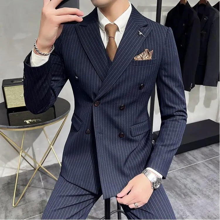 Bonsir Luxury Fashion Stripe Men Suits Double Breasted Slim Fit Business Wedding Stage Tuxedo Formal Office Work Casual Suits 3Pcs/2Pcs