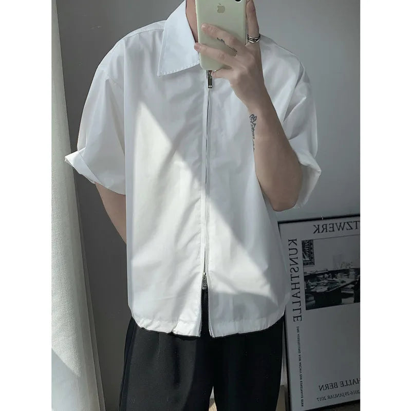 BONSIR   -  Summer Short Sleeved Shirt Men Fashion Oversized Zip Shirt Men Korean Loose Black White Dres Shirts Mens Ice Silk Shirt M-2XL