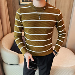 Bonsir Men High Quality Winter Basic Round Neck Sweaters Casual Soft Warm Long Sleeve Sweater Korean Knitted Stripe Pullover 4XL-M