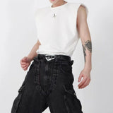 Bonsir Mens Vest Shoulder Pads And Metal Decoration Casual Vest Streetwear Fashion Sleeveless T-Shirt Old Money Men'S Clothing 2025 New