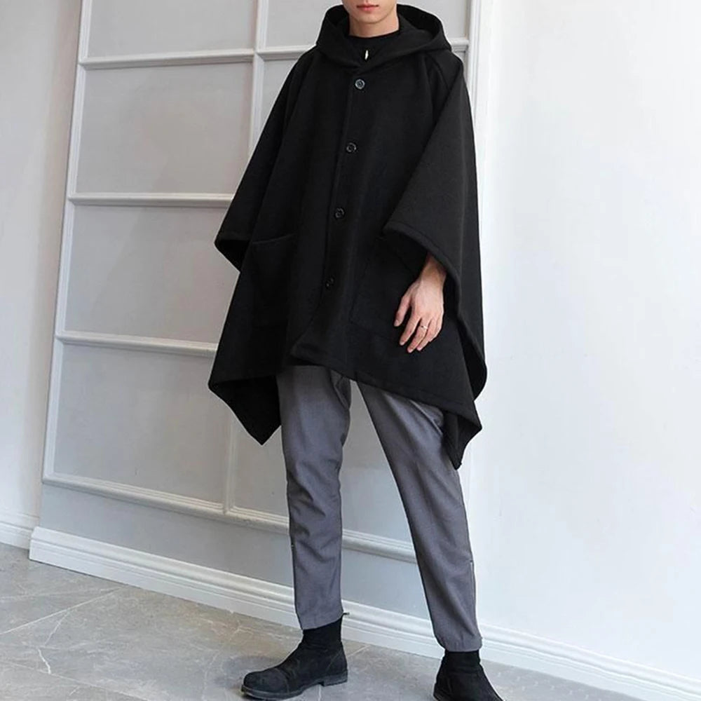 Bonsir Mens Dark Style Mid-Length Casual Hooded Cape Autumn And Winter Genderless Fashion Retro Loose Solid Color Shawl Cape Unisex