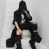 Bonsir Nightclub DJ Singer Punk Rock Hip Hop Long Shirt Black Hooded Cloak Cardigan Men Pleated Woven Cotton Blouse Gothic Vintage