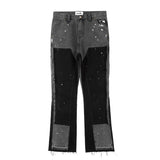 Bonsir High Street Spliced Speckled Ink Micro Flare Pants for Men Cleanfit Casual Washed Baggy Straight Denim Trousers Y2K Jeans
