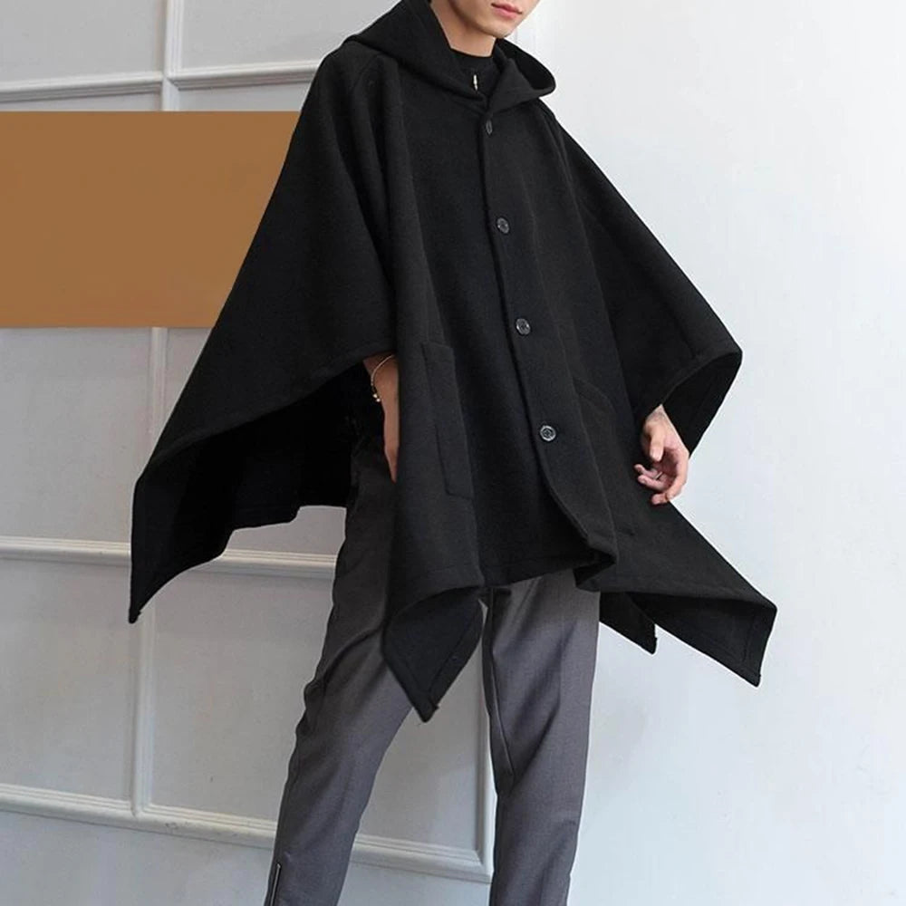 Bonsir Mens Dark Style Mid-Length Casual Hooded Cape Autumn And Winter Genderless Fashion Retro Loose Solid Color Shawl Cape Unisex