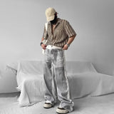 Bonsir Mens Shirts Striped Knitted Casual Tops Streetwear Fashion Beach Vacation Camping Short Sleeve Shirts Men'S Clothing Summer