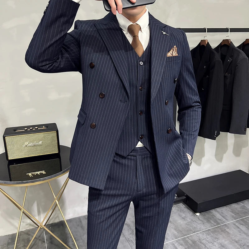 Bonsir Luxury Fashion Stripe Men Suits Double Breasted Slim Fit Business Wedding Stage Tuxedo Formal Office Work Casual Suits 3Pcs/2Pcs