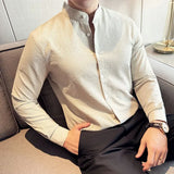 Bonsir Stand-up Collar Long Sleeved Shirt High Quality Men High-end Elastic seersucker Slim Fit Casual Social Party Shirts