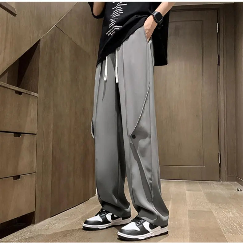 Bonsir Spring Casual Soft Solid Men Cool Boys Drawstring Waist  Long Wide-legged Floor-length Straight-legged Pants Irregularly Button