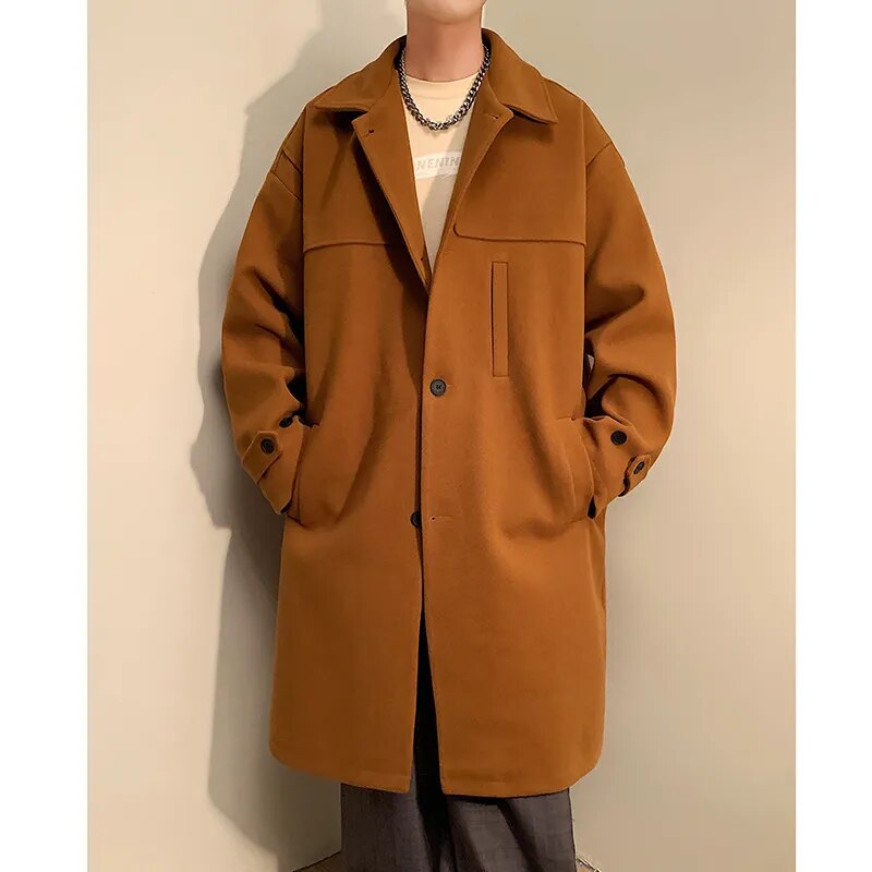 Bonsir Fashion Winter Thick Woolen Coat Men Warm 3-color Oversize Long Woolen Coat Men Korean Loose Woolen Trench Coat Mens Overcoat