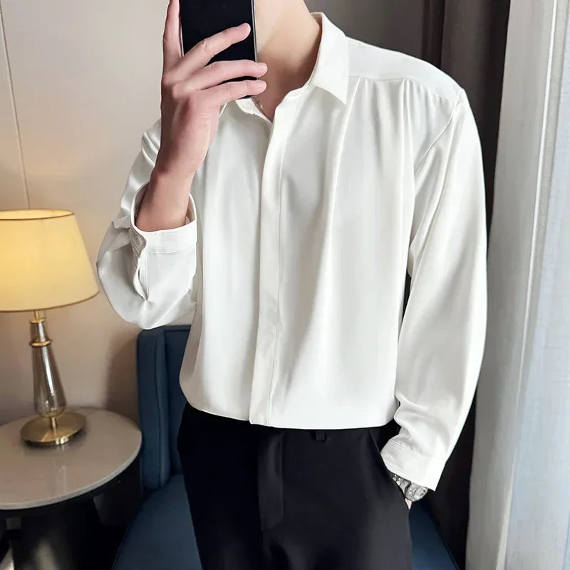 Bonsir Autumn Loose pleated Design Drape Shirts Men's Long Sleeved Korean Style Luxury Casual Social Shirt Prom Tuxedo Men's Clothing