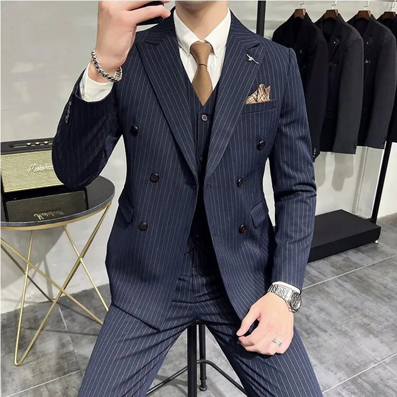 Bonsir Luxury Fashion Stripe Men Suits Double Breasted Slim Fit Business Wedding Stage Tuxedo Formal Office Work Casual Suits 3Pcs/2Pcs