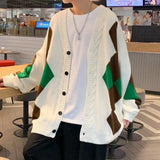 Bonsir Mens Sweater Diamond Plaid Contrast Color Casual Knit Tops Streetwear Campus Designer Couple Valentines Cardigan Unisex 2025 New
