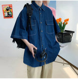 BONSIR  -  Summer Casual Denim ort Sve irt Men Versatile Trendy Waed Five Sve Workwear Jaet Loose Fit Multi ket Jeans