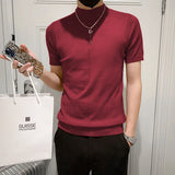 Bonsir Summer Thin Knitted T-shirt Half High Collar Men Pullover Slim Business Social T Shirt Solid Color Men Sweater Streetwear