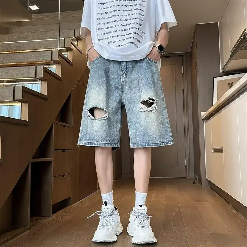 Bonsir American Style Ripped Men's Summer Thin Midwaist Versatile Loose-fit Straight-leg Denim Shorts Five-fourths Shorts