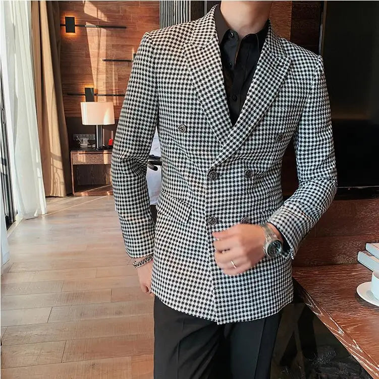 Bonsir British Style Mens Slim Fit Houndstooth Blazer Men New Simple Double Breasted Business Office Wedding Dress Suit Jacket