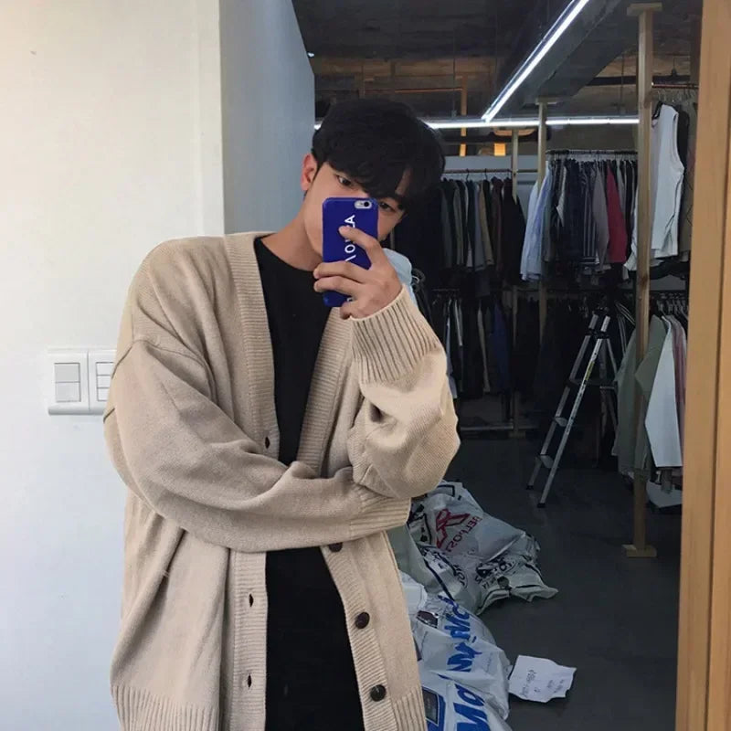 Bonsir Knit Sweater Male Coat Cardigan Men's Clothing White V Neck Plain Solid Color Jacket Korean Style Casual New in Maletry Classic