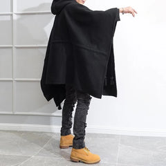 Bonsir Mens Dark Style Mid-Length Casual Hooded Cape Autumn And Winter Genderless Fashion Retro Loose Solid Color Shawl Cape Unisex