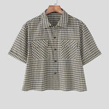 BONSIR  -  Men Plaid Shirt Lapel Short Sleeve Pockets Korean Style Men Clothing Summer Loose 2025 Streetwear Causal Male Crop Tops