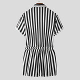 BONSIR  -  Men's Striped Rompers Streetwear Fashion Casual Playsuits Short Sleeve Button Lapel Jumpsuits Drawstring Boxers Shorts Bodysuits
