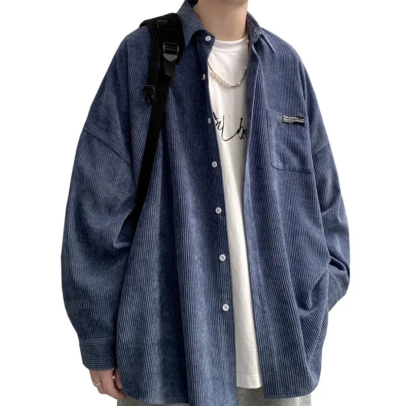 BONSIR  -  Mens Corduroy Shirts Streetwear Harajuku Japanese Style Oversize Unisex Blouses