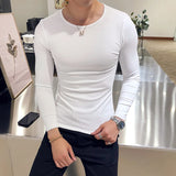 Bonsir Spring Round Neck Slim Fit Solid Color T Shirts Men Long Sleeve Simple Bottoming Shirt Casual Clothing Tee Top 4XL-M