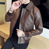 Bonsir Autumn Winter Men High Quality Woven Leather Jacket Fashion Lapel Business Casual Motorcycle Jacket Brand Social Overcoat