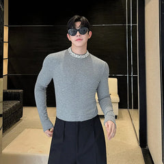 Bonsir Autumn Winter Design Korean New Chic Male T-shirt Long Sleeve Stand Collar Versatile Nail Drill Personality Top