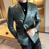 Bonsir High Quality Square Grid Double Breasted Leather Jacket Fashion Business Slim Fit Casual Men Suit Blazer Tuxedos Men Clothing
