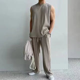 BONSIR  -  Fashion Solid Two Piece Suits Men‘s O-Neck Sleeveless Tops And Pants Outfits Men Summer New Casual Simplicity Solid Rib Sets