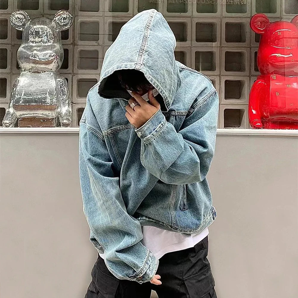 Bonsir Mens Autumn Winter Fashion Denim Washed Distressed Retro Hoodie Genderless Street Fashion Casual Loose Denim Sweatshirt Unisex