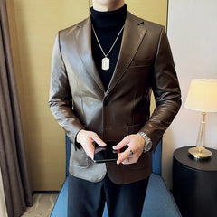 Bonsir Autumn Winter New Leather Jacket Highend Fashion Solid Slim Fit Suit Coats Korean Business Casual PU Leather Suit Tuxedo 5XL-M