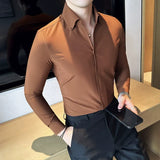 Bonsir High Quality V-Neck Shirt Men Autumn New Long Sleeve Business Slim Fit Solid Shirt Formal Wear Casual Social Tuxedo Men Clothing
