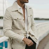 Bonsir Mens Casual Streetwear Striped Long-sleeved Shirt 2024 Spring Summer New Fashion Button Pocket Lace-up Mid-length Shirt for Men