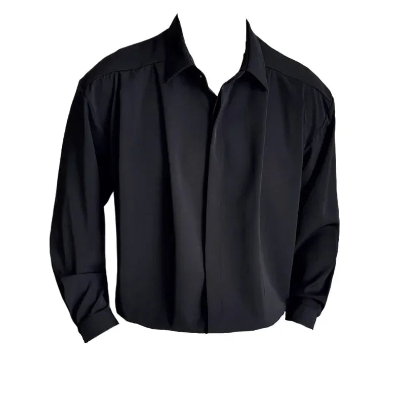 Bonsir Autumn Loose pleated Design Drape Shirts Men's Long Sleeved Korean Style Luxury Casual Social Shirt Prom Tuxedo Men's Clothing