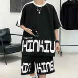 BONSIR  -  2 Pieces Men Shorts Set Summer Waffle Fabric Casual O Neck Half Sleeve T Shirt+Shorts Sets Oversize Loose Letter Print Tracksuit