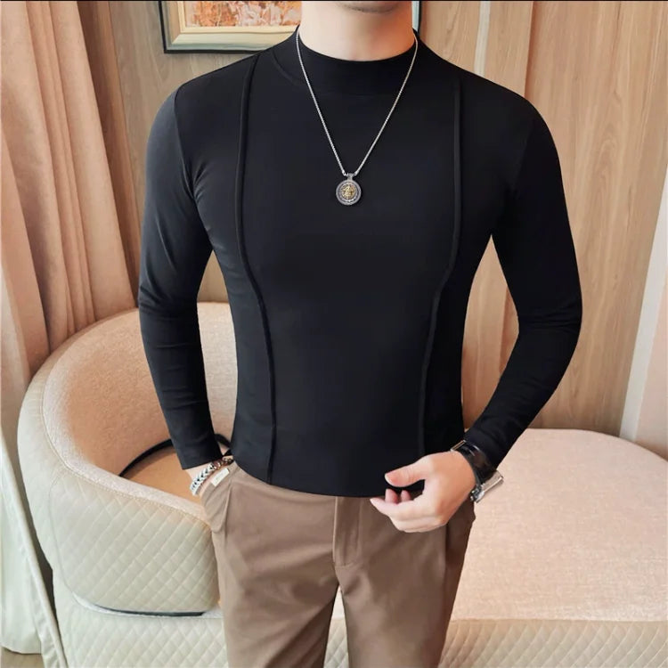 Bonsir Autumn New Round Neck Solid Color T Shirts Korean Luxury Long Sleeves Men's Casual Slim Fit Elastic Cotton Tee Shirts 4XL-M