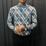 Bonsir Korean Fashion Spring Autumn Shirts Men Clothing Lapel Plaid Single Breasted Smart Casual Office Social Long Sleeve Slim Tops