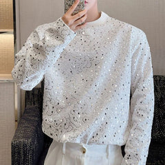 Bonsir Mens Autumn Y2k Sequined Korean Style Loose Long-Sleeved T-Shirt Autumn Genderless Nightclub Personalized Fashion Tops Unisex