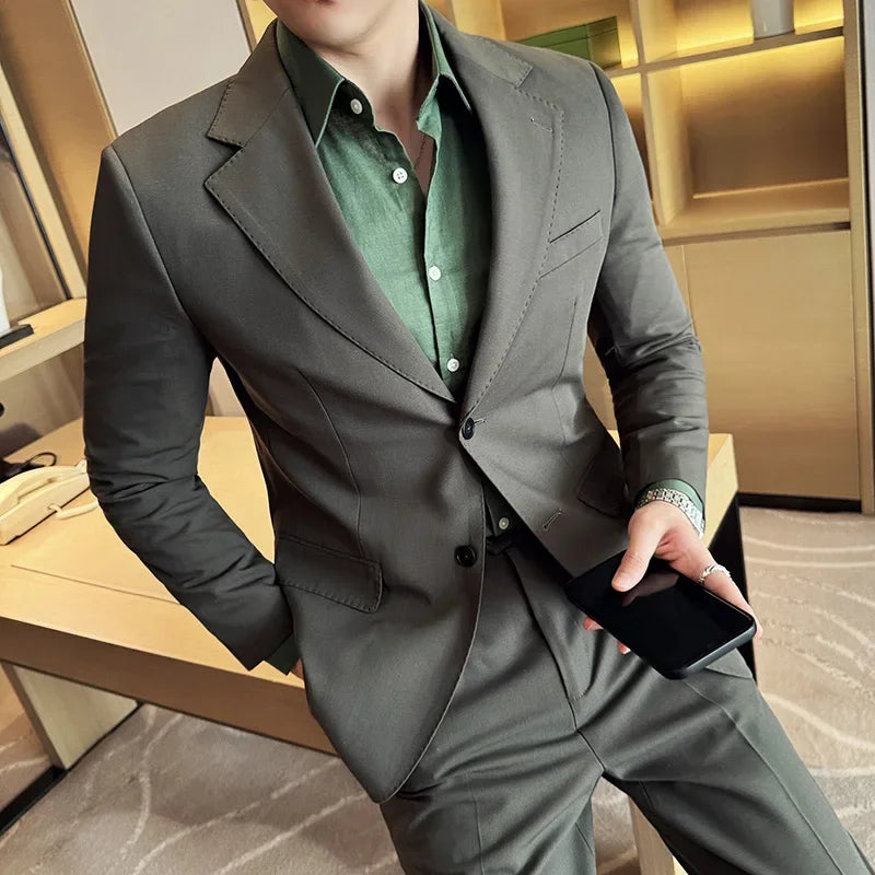 Bonsir Tencel High Tech Fabric Men Spring Summer Thin Suits 2 Pieces (jacket+pants) Business Casual Office Wedding Groom Dress Suit