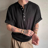 BONSIR  -  Vintage Striped Ribbed Knit T Shirts Mens Casual Henley Collar Buttoned T-shirt Men Spring Summer Fashion Slim Half Sleeve Tees