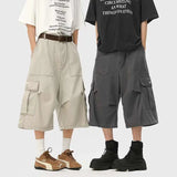 BONSIR  -  Summer Cotton Casual Pants Men Pocket Cargo Pants Men Japanese Streetwear Hip-hop Loose Wide Leg Pants Mens Calf-Length Pants