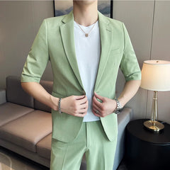 Bonsir Summer Fashion Short Sleeve Blazer Jacket Match Pant Slim Fit Solid Color 2-piece Men Casual Business Office Party Tuxedo