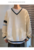 BONSIR  -  Preppy V-neck Sweater for Men Couples Pullovers Ins Knitted Top Autumn Korean Trendy Loose-fit Line Clothes for Students Youth