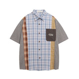 BONSIR  -  Patchwork Plaid Shirts Mens Streetwear Hip Hop Short Sleeve Shirt for Men Oversized Harajuku Vintage Japan Style Casual Blouse
